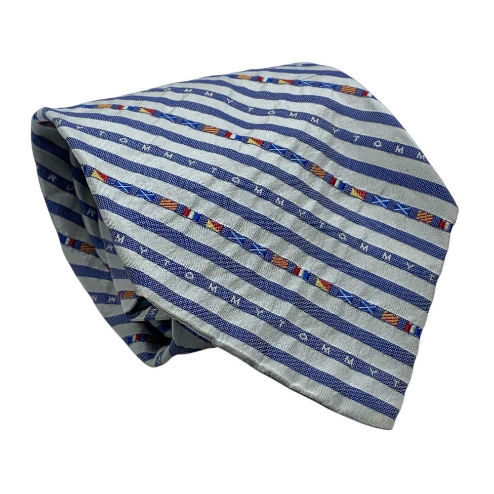 Tommy Hilfiger Men's Silk Necktie Blue/White Striped Nautical Flag Logo Tie‎